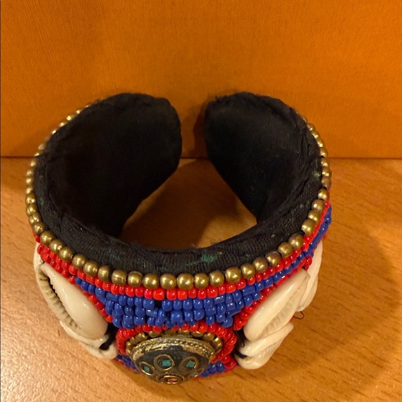 Handcrafted Blue and Red Beaded Shell Cuff Bracelet - Picture 2 of 5